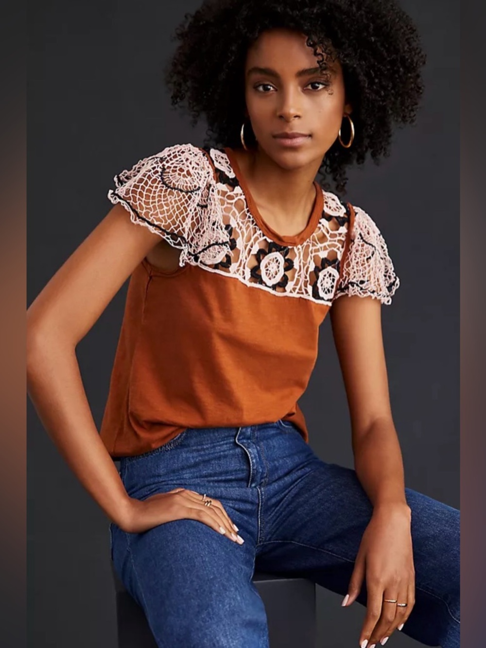 BY ANTHROPOLOGIE Flutter Sleeve Lace Crochet Top Rust Size Medium